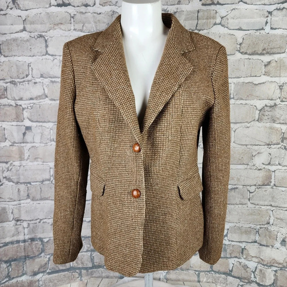 Vintage 70s Tweed Equestrian Preppy Academia Blazer Brown Cream Size 14 - Picture 4 of 16